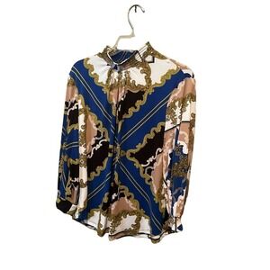 NY & Co Blouse Top Women's Size L Blue Paisley Round Neck Long Sleeve Pullover